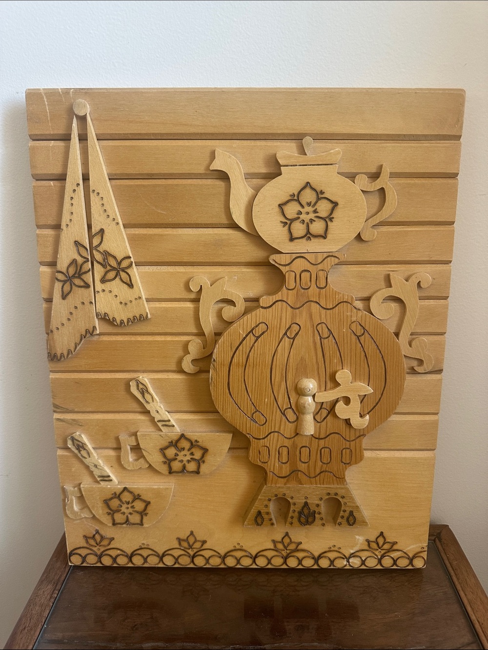 Vintage 1992 Russian Wooden Wall Plaque Panel - Samovar Tea Culture Folk Art